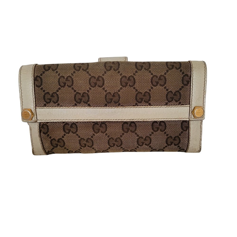 Gucci GG Monogram Canvas Long Wallet White Leather Gold Hardware 153211-4406